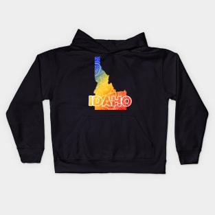 Colorful mandala art map of Idaho with text in blue, yellow, and red Kids Hoodie